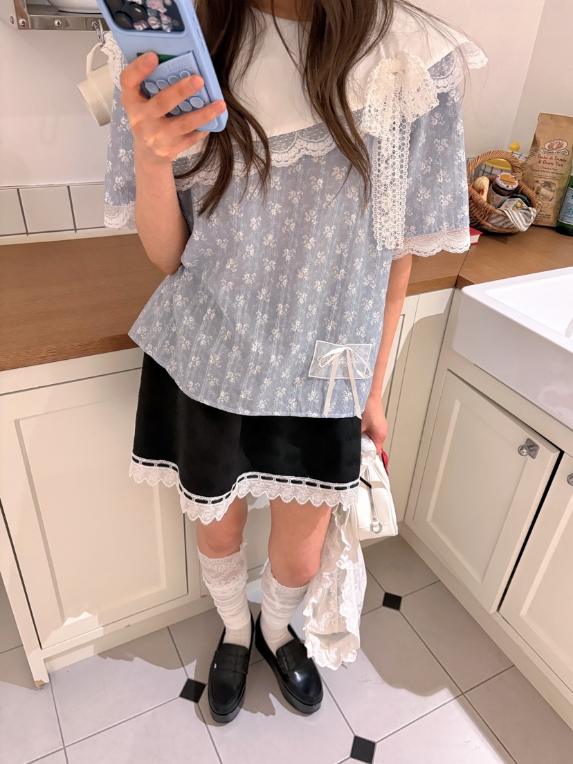 BOUTIQUE-L韓國東大門直郵女士新款推薦襯衫蕾絲衫不對稱絲帶BOUTIQUE-L襯衫/蕾絲衫