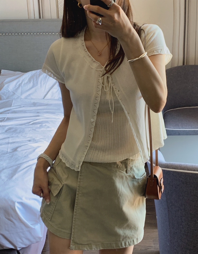 LA CREME東大門實拍韓國女裝新品人氣26夏季休閑針織衫絲帶LA CREME針織衫