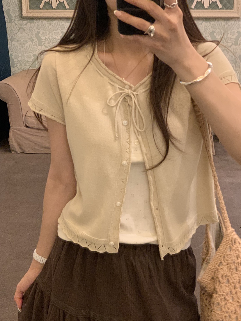 LA CREME東大門實拍韓國女裝新品人氣26夏季休閑針織衫絲帶LA CREME針織衫