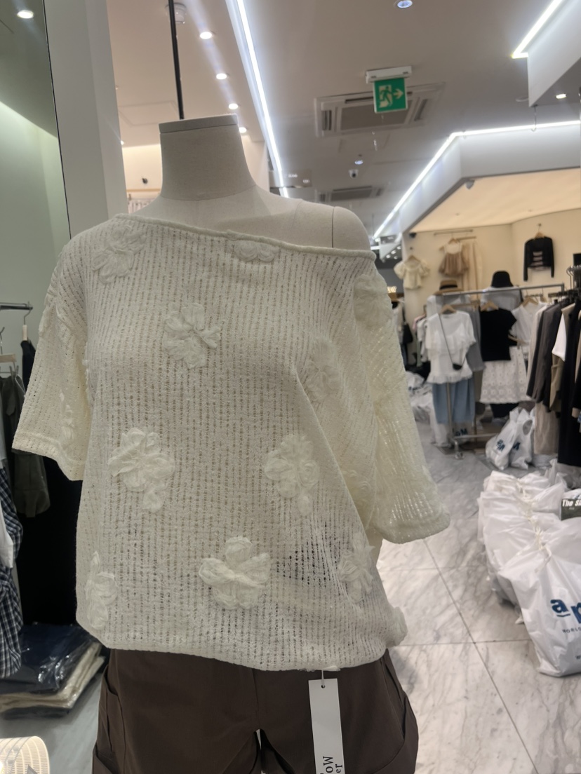 POWDER韓國東大門代購女士新款休閑推薦26夏季T恤花朵船領POWDERT恤圖色1