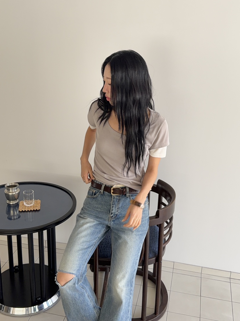 SUNDER MARKET東大門實拍韓國女裝新品時尚職業熱賣T恤雙層SUNDER MARKETT恤