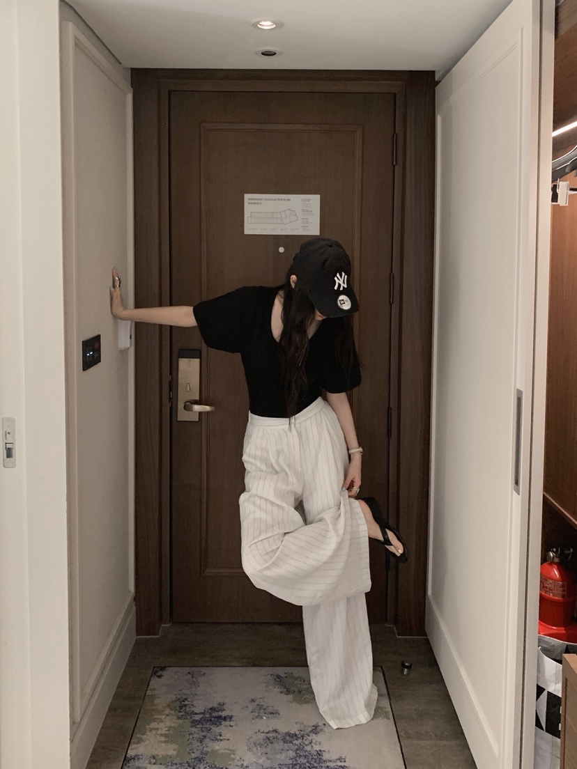 OURWAVE/OUR ROOM韓國直郵女裝新品熱賣休閑褲亞麻條紋Our Wave/Our Room休閑褲