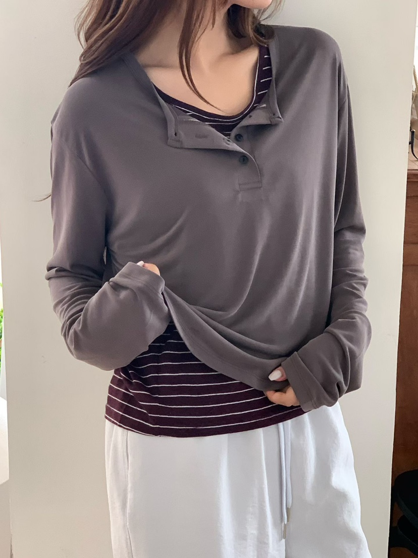 BINUS韓國直郵實拍女裝新款26夏季長袖T恤不含內搭莫代爾紐扣BINUS長袖T恤