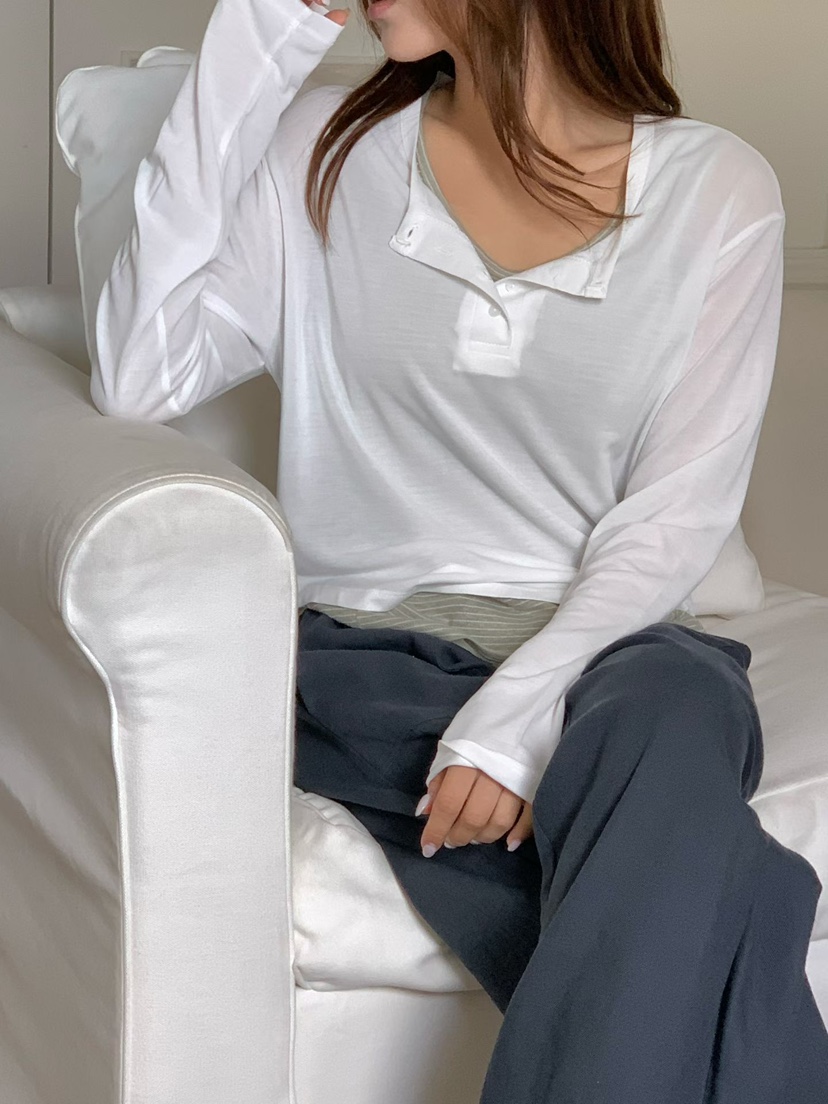 BINUS韓國直郵實拍女裝新款26夏季長袖T恤不含內搭莫代爾紐扣BINUS長袖T恤
