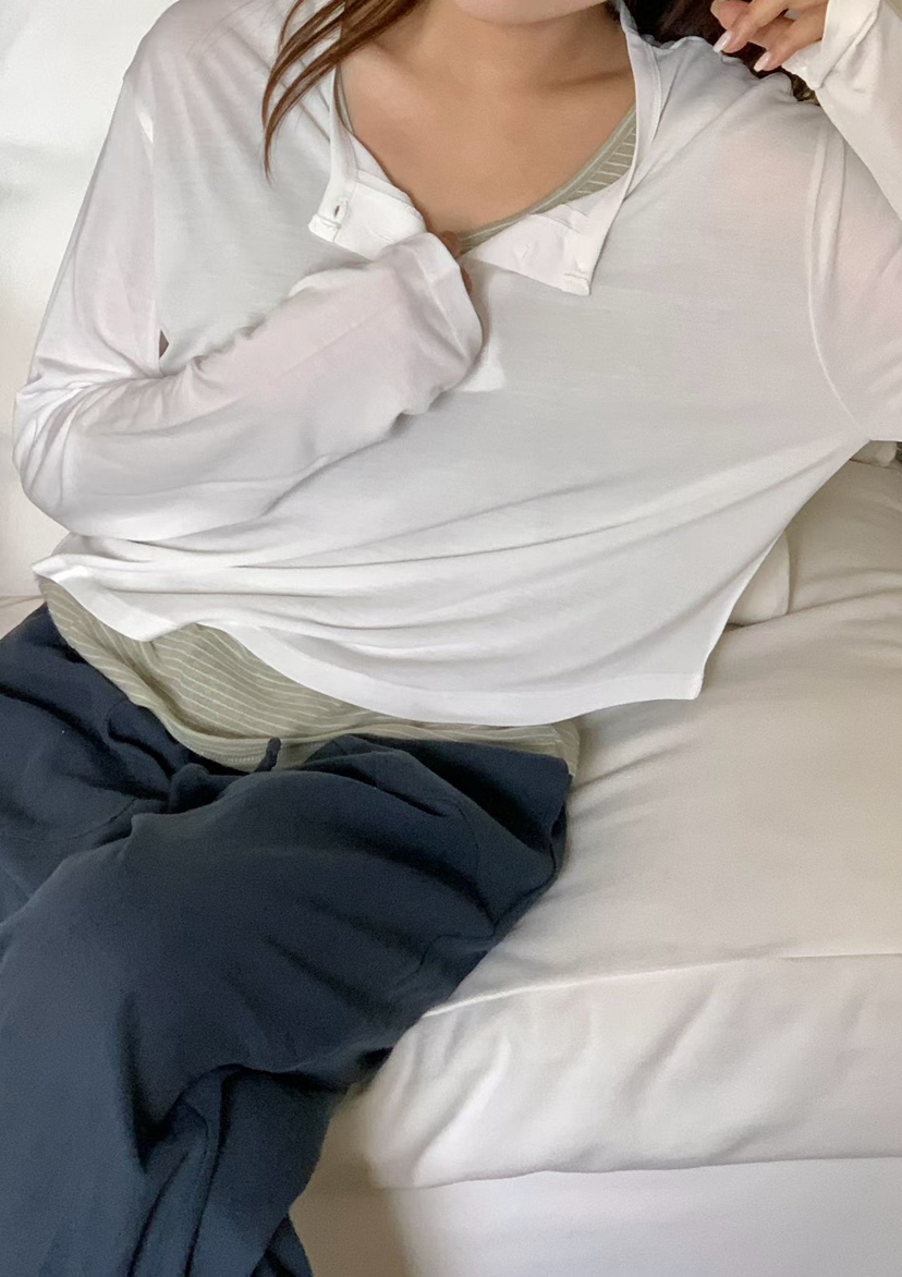 BINUS韓國直郵實拍女裝新款26夏季長袖T恤不含內搭莫代爾紐扣BINUS長袖T恤