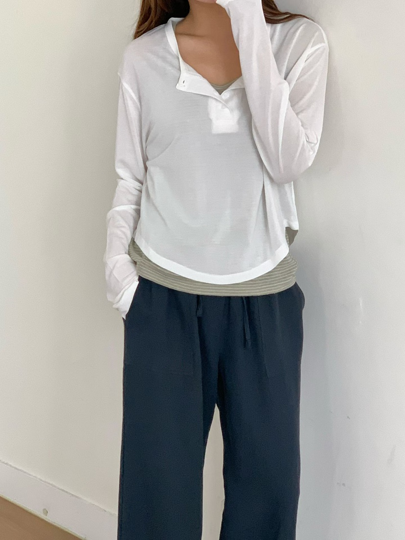 BINUS韓國直郵實拍女裝新款26夏季長袖T恤不含內搭莫代爾紐扣BINUS長袖T恤