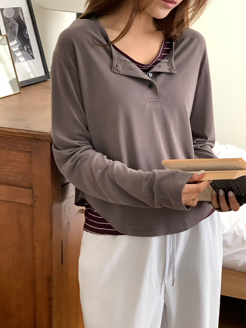 BINUS韓國直郵實拍女裝新款26夏季長袖T恤不含內搭莫代爾紐扣BINUS長袖T恤圖色2