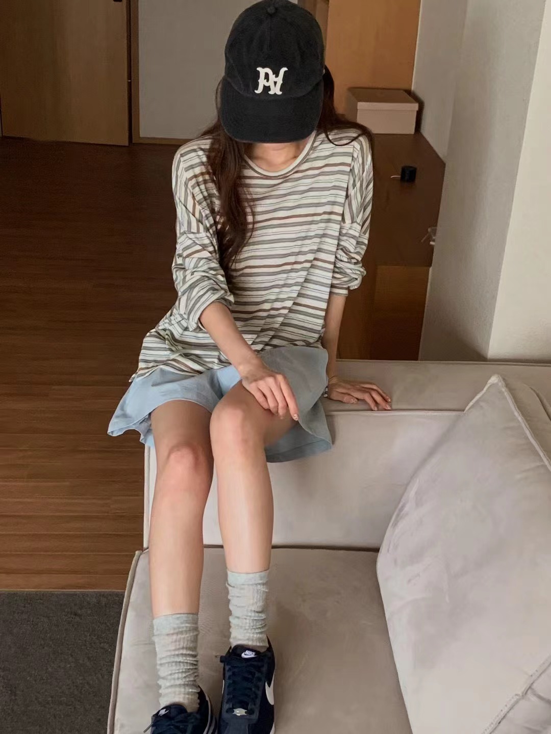 AN STAND韓國直郵實拍女士新品休閑熱賣時尚長袖T恤亞麻布AN STAND-2件起長袖T恤
