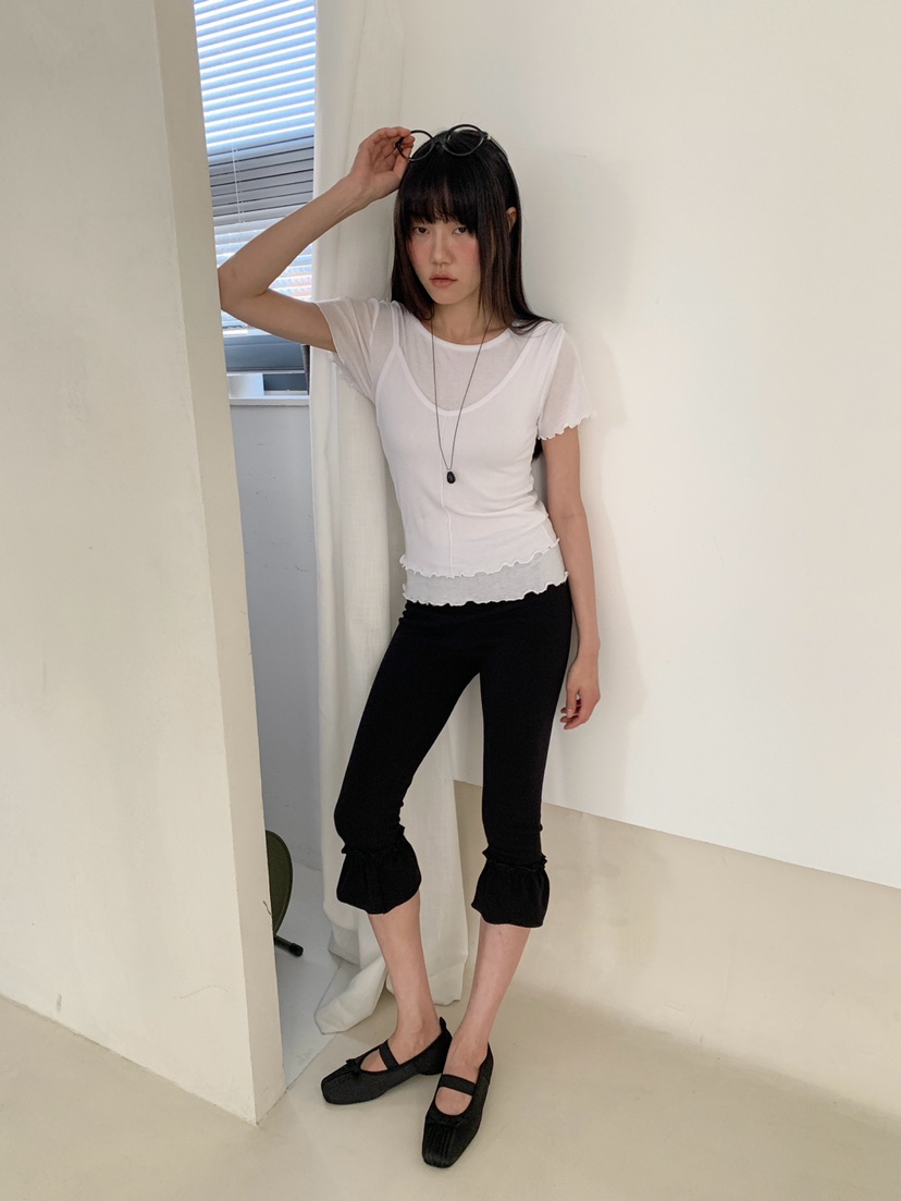 MORE THAN-P東大門實拍韓國女士新品26夏季打底褲鯊魚褲荷葉邊MORE THAN打底褲/鯊魚褲