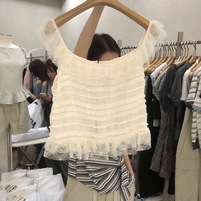 VILLABUTTON東大門實拍韓國女裝新品休閑吊帶背心荷葉邊蕾絲VILLABUTTON吊帶/背心