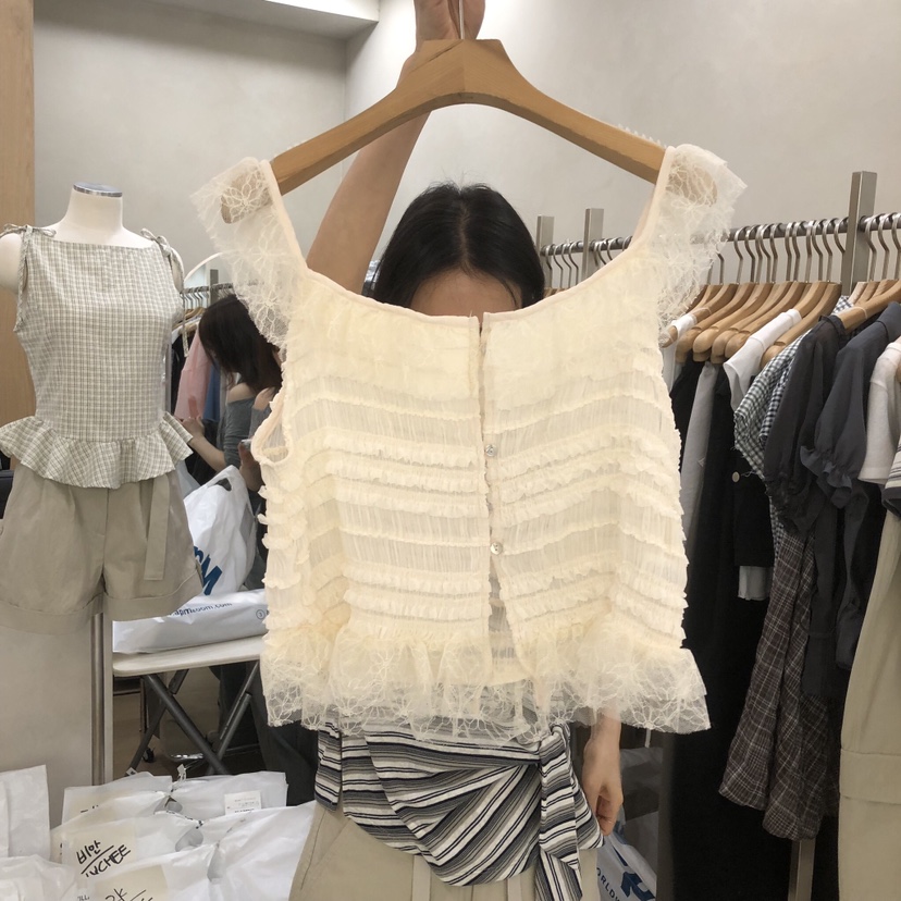 VILLABUTTON東大門實拍韓國女裝新品休閑吊帶背心荷葉邊蕾絲VILLABUTTON吊帶/背心圖色1