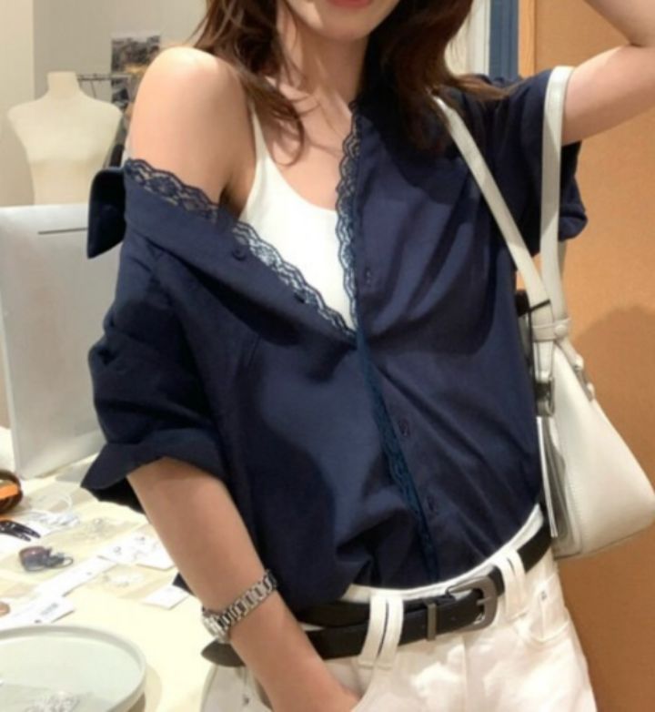 STAY HERE韓國代購女裝新品休閑26春夏時尚26夏季襯衫蕾絲衫STAY HERE襯衫/蕾絲衫