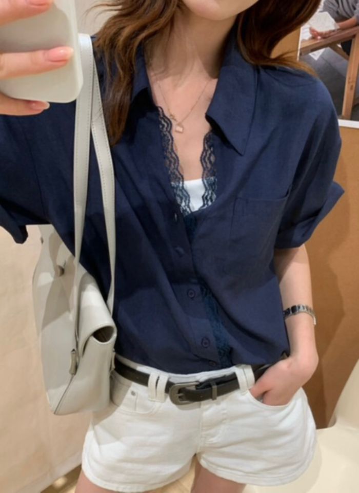 STAY HERE韓國代購女裝新品休閑26春夏時尚26夏季襯衫蕾絲衫STAY HERE襯衫/蕾絲衫