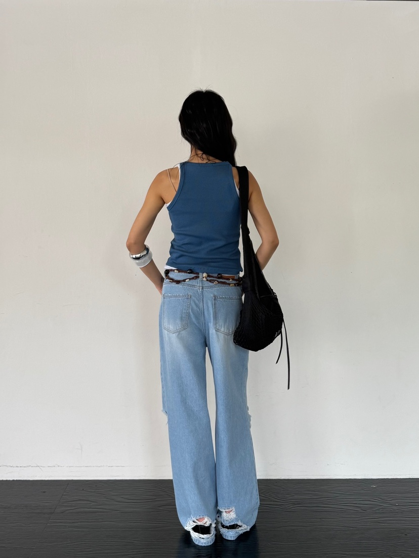 LIMLIMLIM東大門實拍韓國女裝新品休閑牛仔褲不含腰帶復古破洞LIM LIM LIM牛仔褲