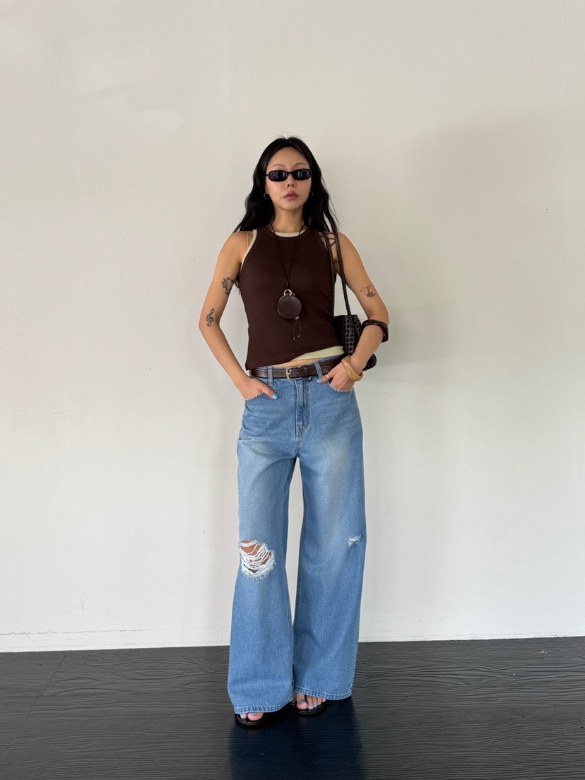 LIMLIMLIM東大門實拍韓國女裝新品休閑牛仔褲不含腰帶復古破洞LIM LIM LIM牛仔褲