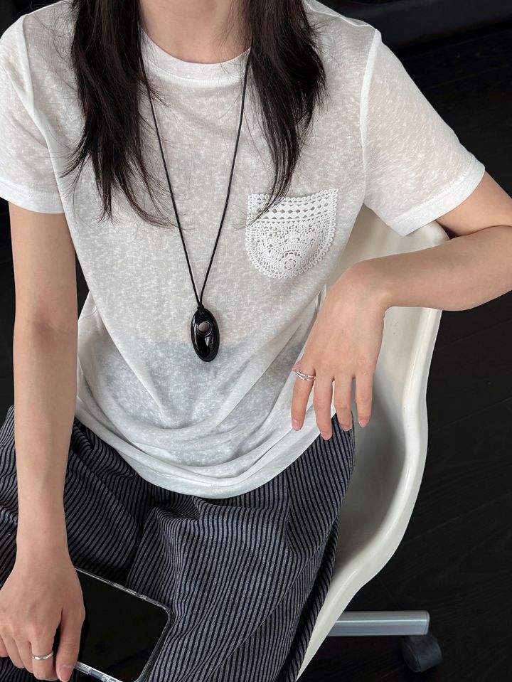 STAY HERE東大門實拍韓國女裝新款休閑職業26夏季T恤口袋蕾絲STAY HERET恤