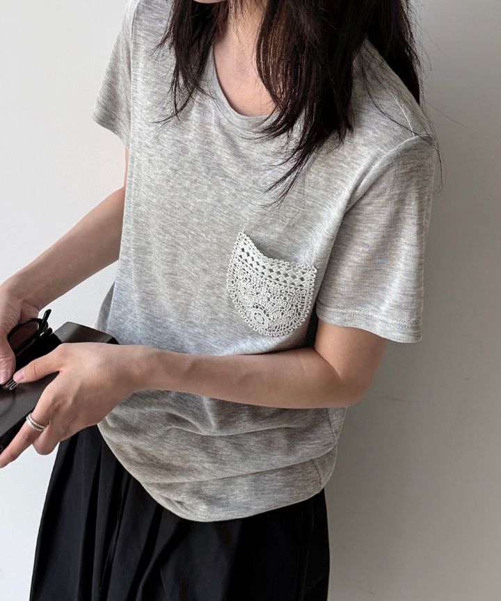STAY HERE東大門實拍韓國女裝新款休閑職業26夏季T恤口袋蕾絲STAY HERET恤