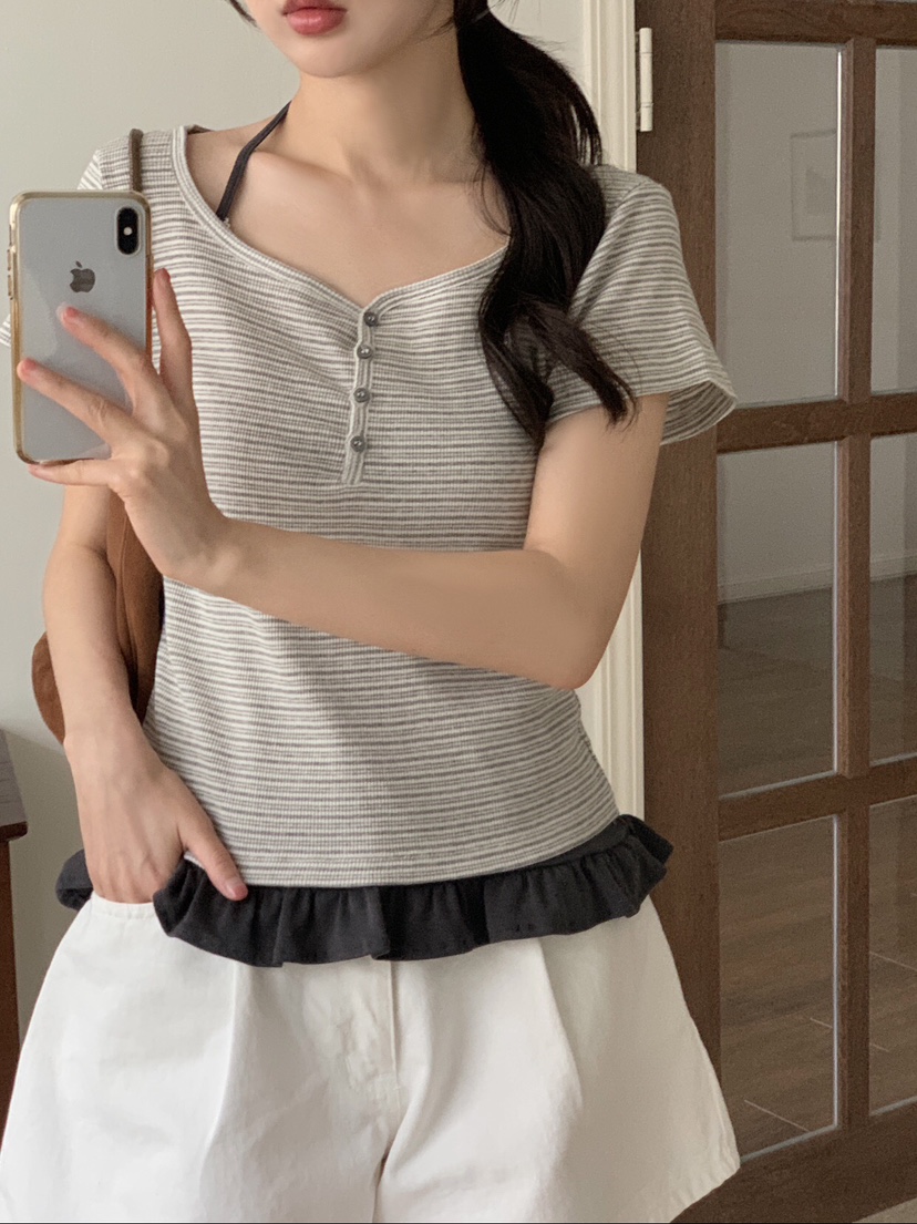 FORMSTUDIO/ATELIENNE東大門實拍韓國女士新品26夏季T恤條紋紐扣FORMSTUDIO/ATELIENNET恤