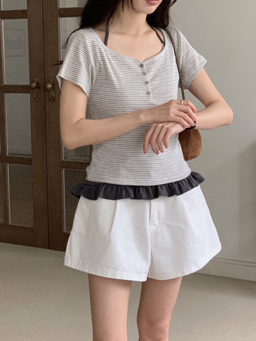 FORMSTUDIO/ATELIENNE東大門實拍韓國女士新品26夏季T恤條紋紐扣FORMSTUDIO/ATELIENNET恤