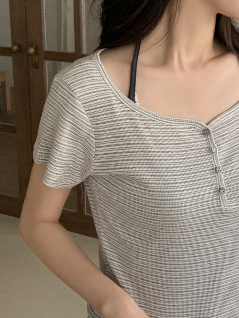 FORMSTUDIO/ATELIENNE東大門實拍韓國女士新品26夏季T恤條紋紐扣FORMSTUDIO/ATELIENNET恤