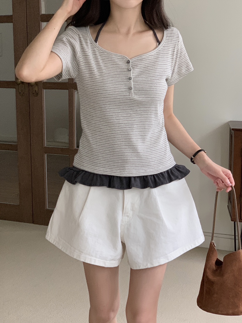 FORMSTUDIO/ATELIENNE東大門實拍韓國女士新品26夏季T恤條紋紐扣FORMSTUDIO/ATELIENNET恤圖色1