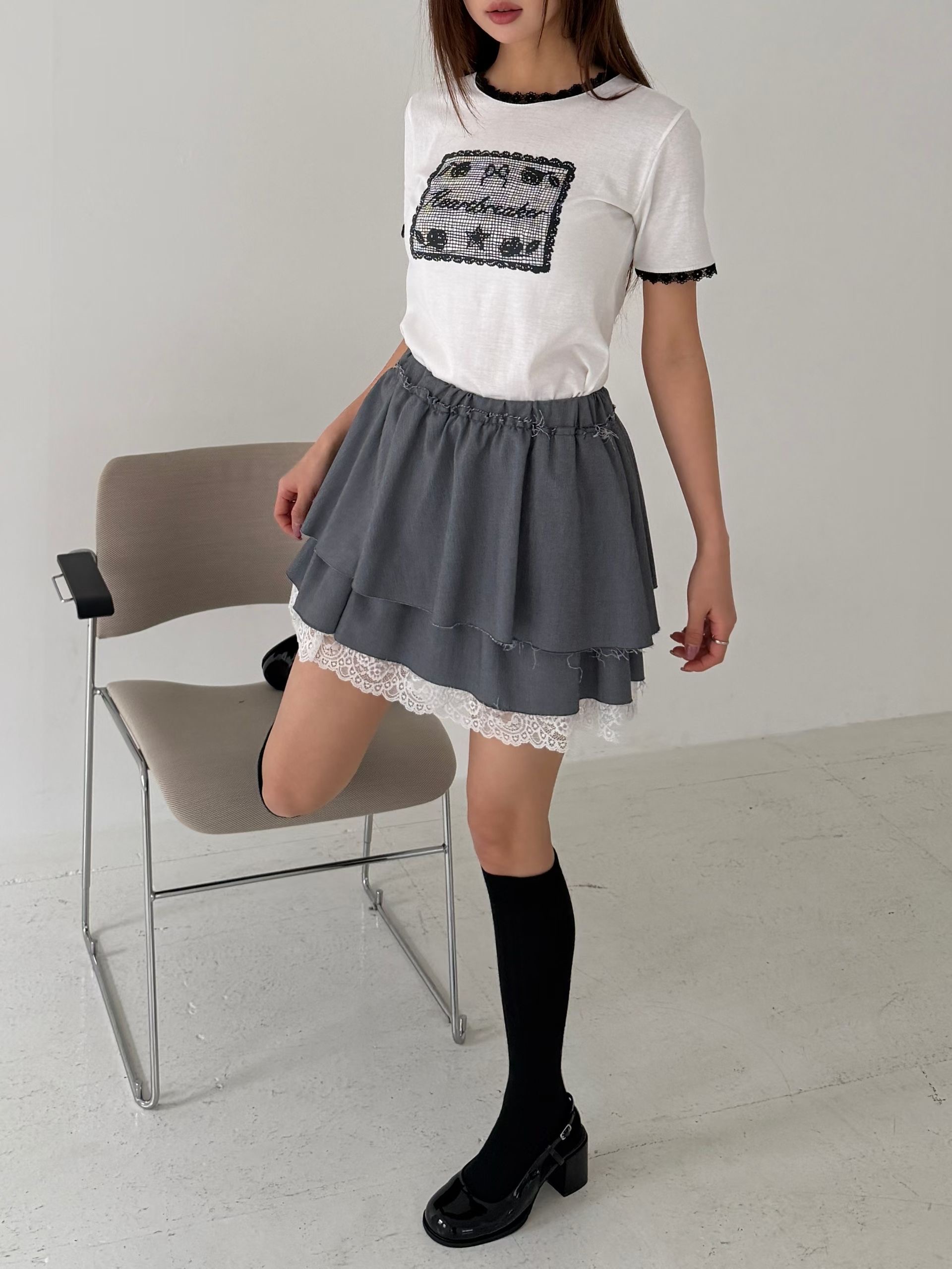 POPO韓國東大門代購女士新款時尚休閑26夏季推薦T恤撞色蕾絲POPOT恤