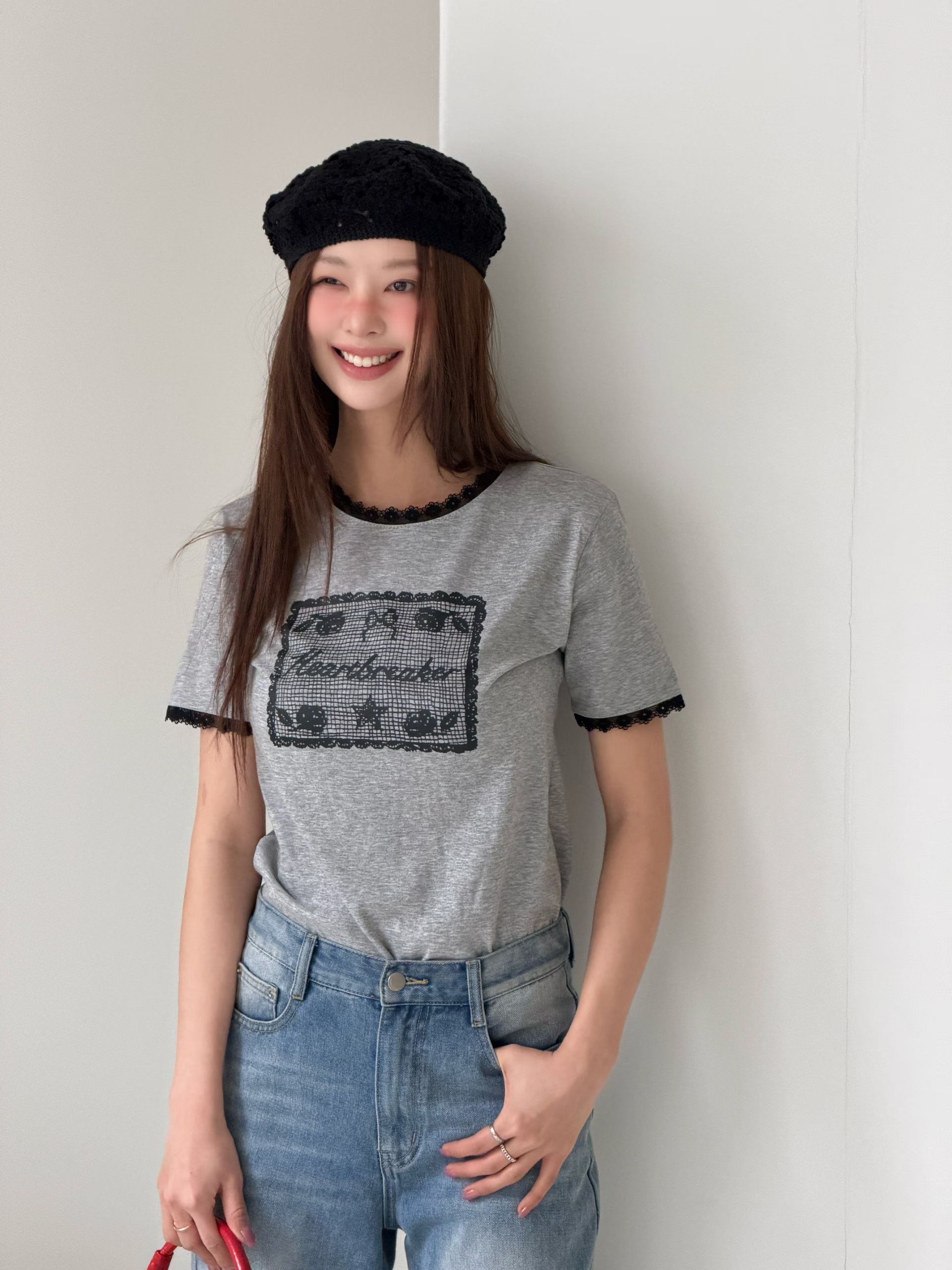 POPO韓國東大門代購女士新款時尚休閑26夏季推薦T恤撞色蕾絲POPOT恤圖色1