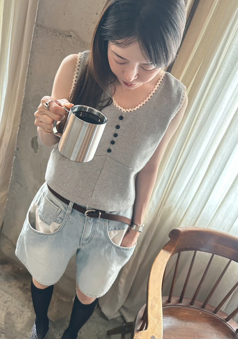 GENTLE B/LOVENTINA韓國東大門直郵女士新品26春夏吊帶背心華夫格格紋GENTLE B/LOVENTINA吊帶/背心