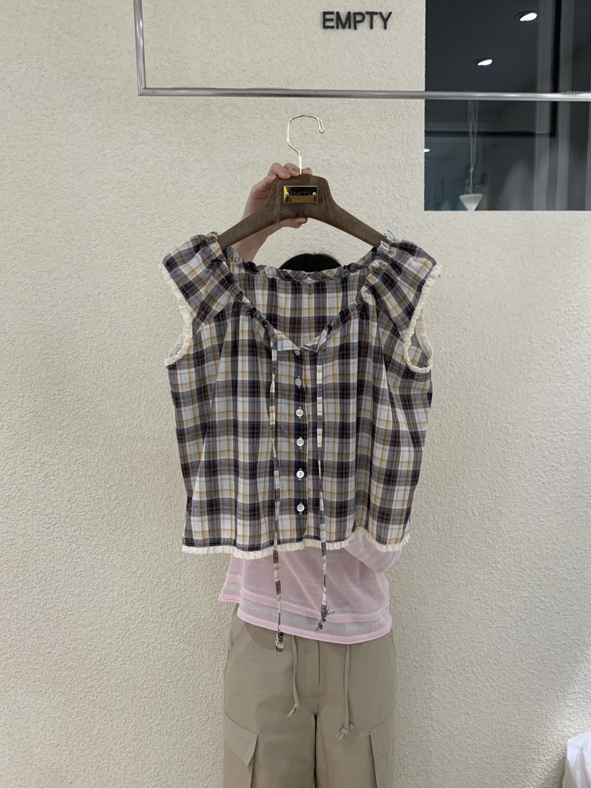 EMPTY韓國直郵女裝新品時尚推薦26春夏職業襯衫蕾絲衫格子EMPTY襯衫/蕾絲衫圖色3