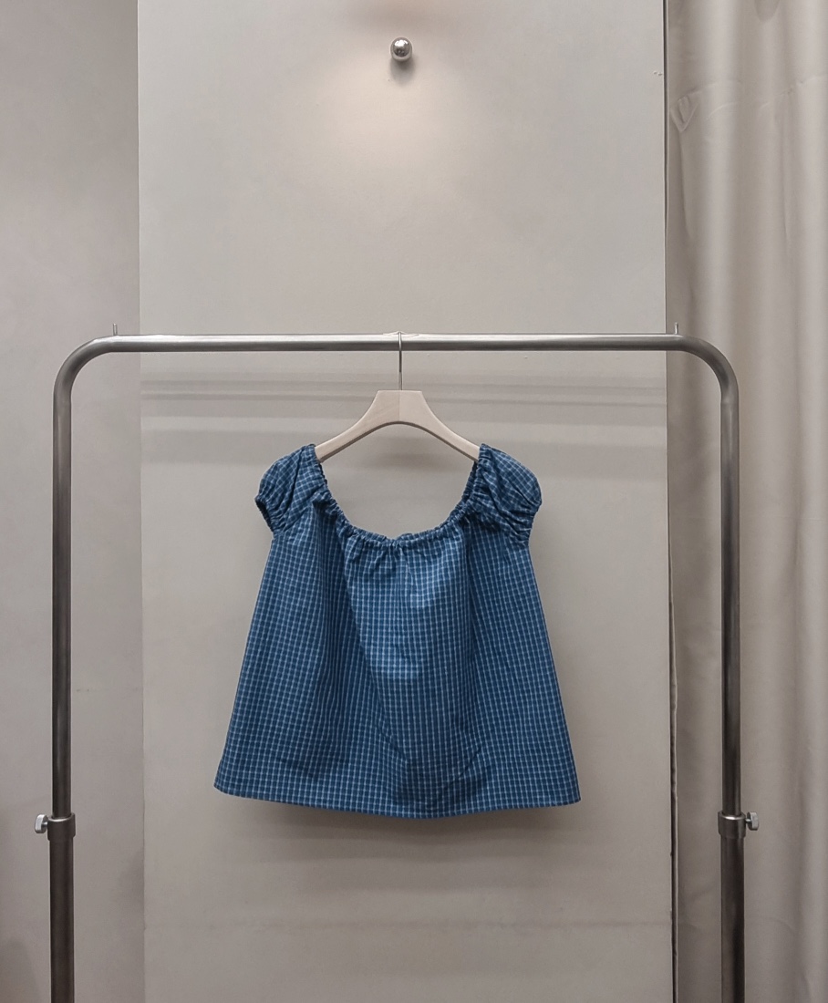 NOTHING東大門實拍韓國女士新品26夏季襯衫蕾絲衫格子露肩NOTHING襯衫/蕾絲衫