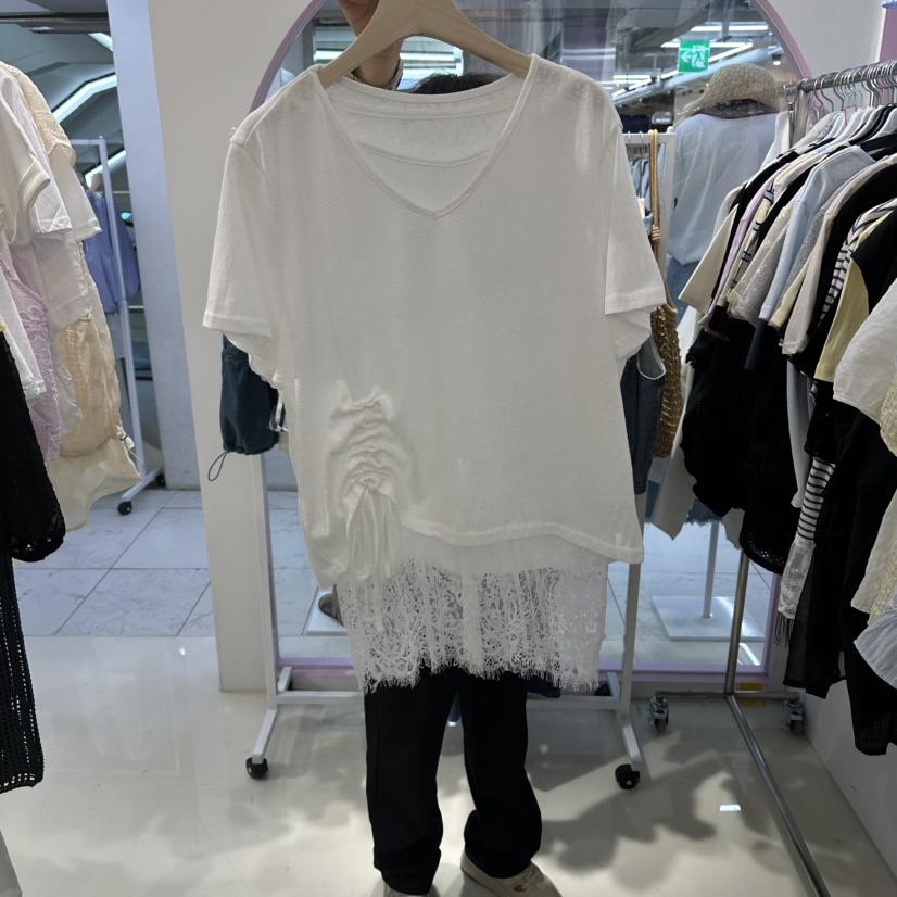 JH.STUDIO-Q韓國代購女裝新品熱賣26夏季T恤V領抽繩蕾絲JH.STUDIO-QT恤圖色1