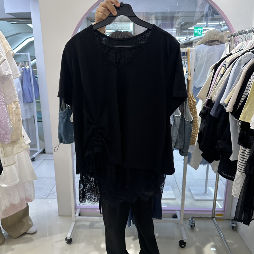 JH.STUDIO-Q韓國代購女裝新品熱賣26夏季T恤V領抽繩蕾絲JH.STUDIO-QT恤圖色2