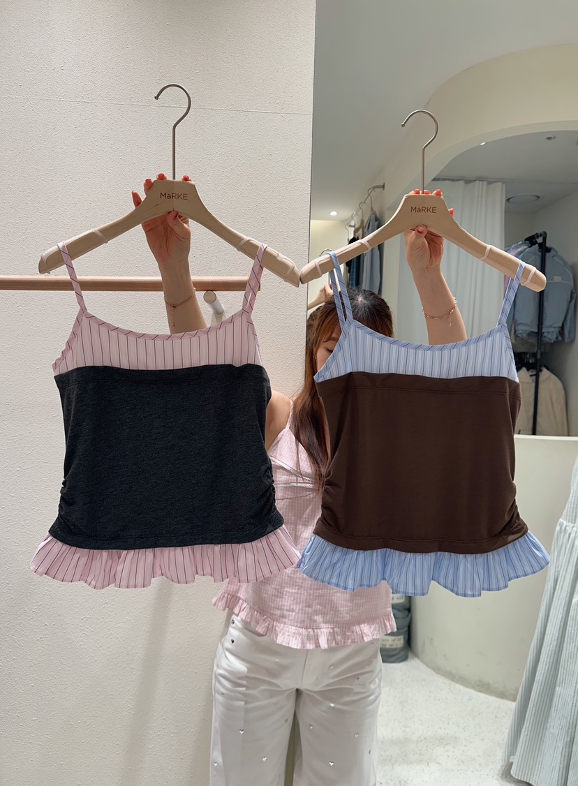 MARKE-P韓國東大門代購女士新款熱賣26春夏吊帶背心褶皺條紋MARKE-P吊帶/背心