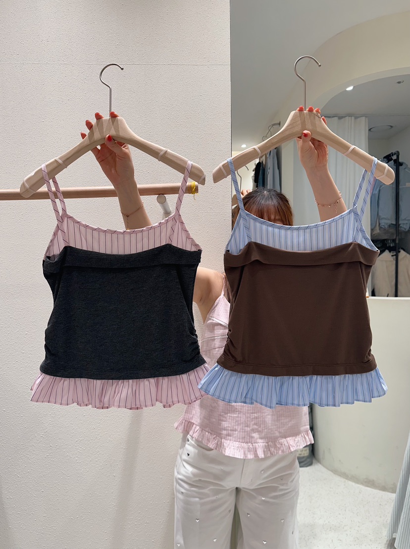 MARKE-P韓國東大門代購女士新款熱賣26春夏吊帶背心褶皺條紋MARKE-P吊帶/背心