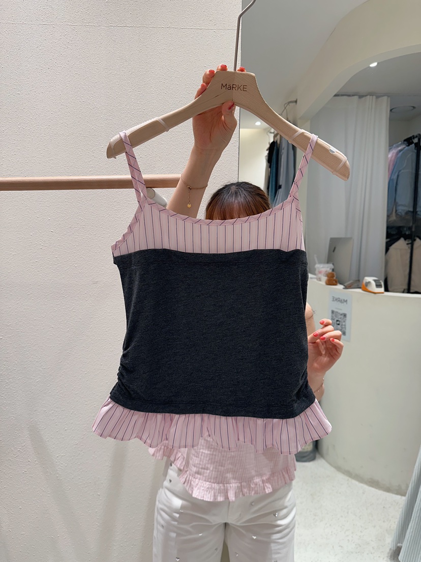 MARKE-P韓國東大門代購女士新款熱賣26春夏吊帶背心褶皺條紋MARKE-P吊帶/背心