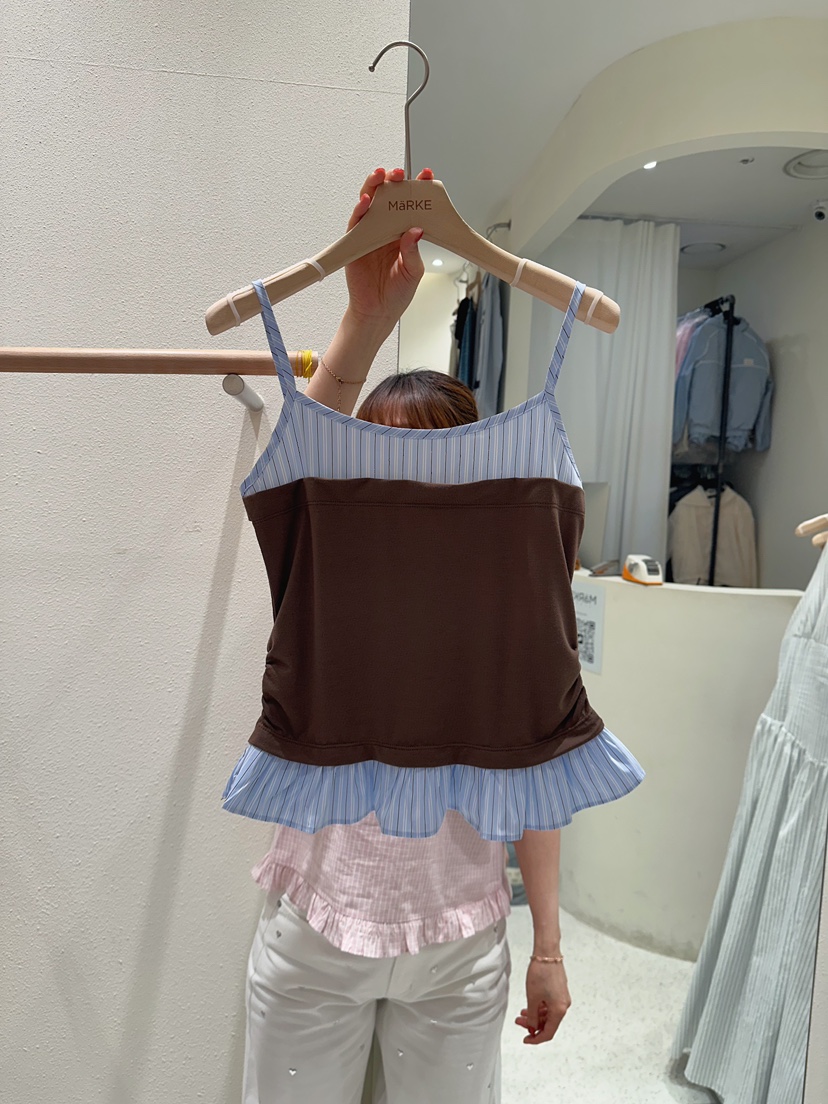 MARKE-P韓國東大門代購女士新款熱賣26春夏吊帶背心褶皺條紋MARKE-P吊帶/背心