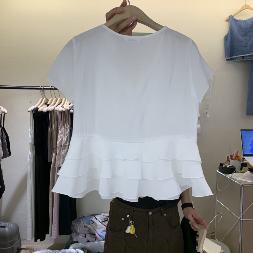 W AND J韓國直郵實拍女裝新款休閑襯衫蕾絲衫荷葉邊多層W AND J襯衫/蕾絲衫