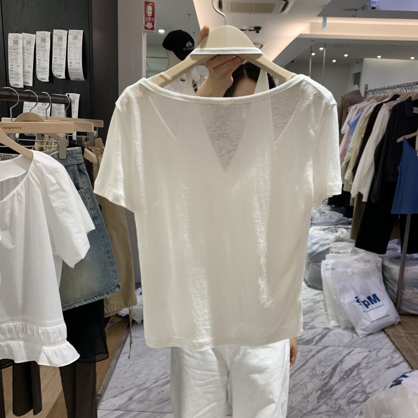 SPAGHETTI韓國直郵女裝新品人氣推薦時尚休閑T恤假兩件亞麻spaghettiT恤
