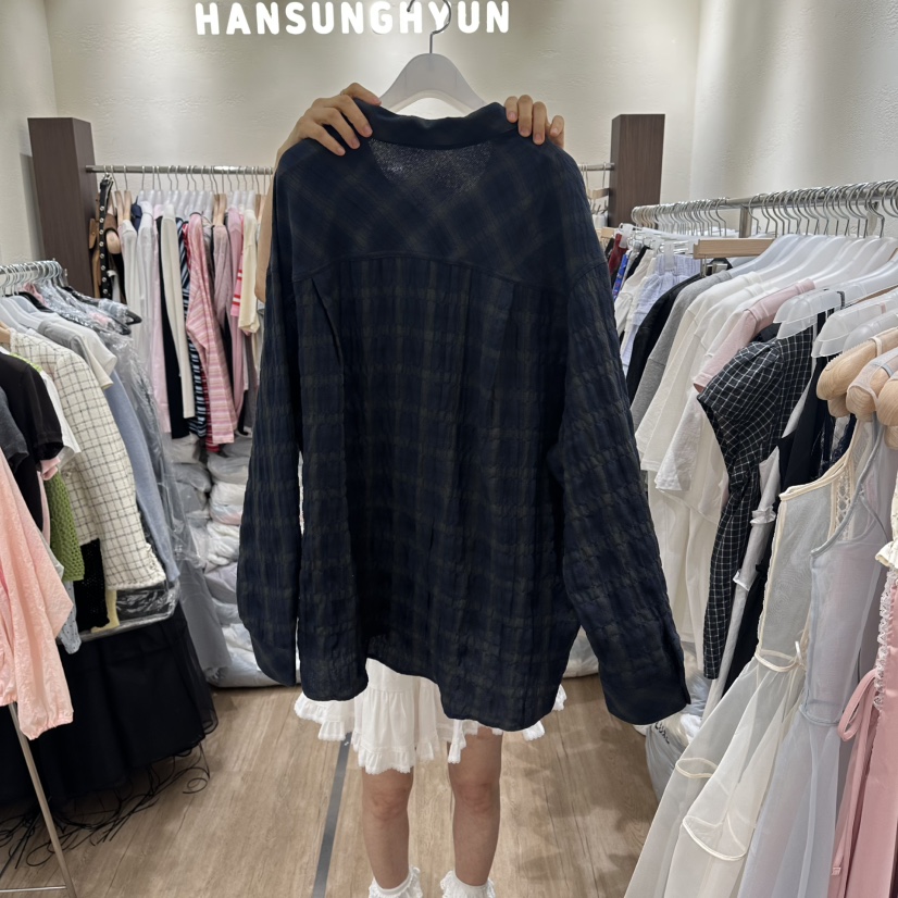 HANSUNGHYUN韓國直郵女士新品26夏季職業襯衫蕾絲衫格子寬松HANSUNGHYUN襯衫/蕾絲衫