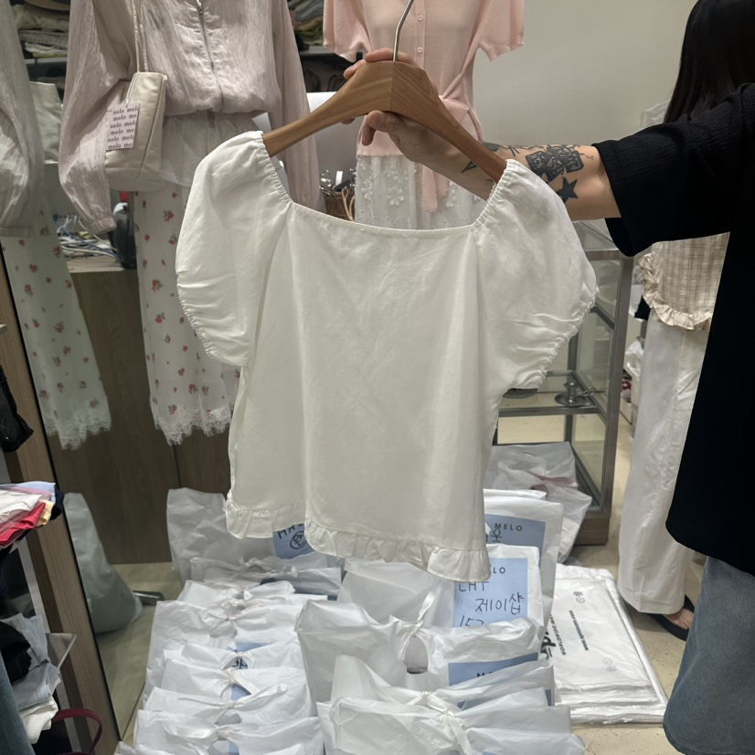 MELO韓國直郵女裝新款26夏季時尚職業推薦襯衫蕾絲衫荷葉邊MELO襯衫/蕾絲衫
