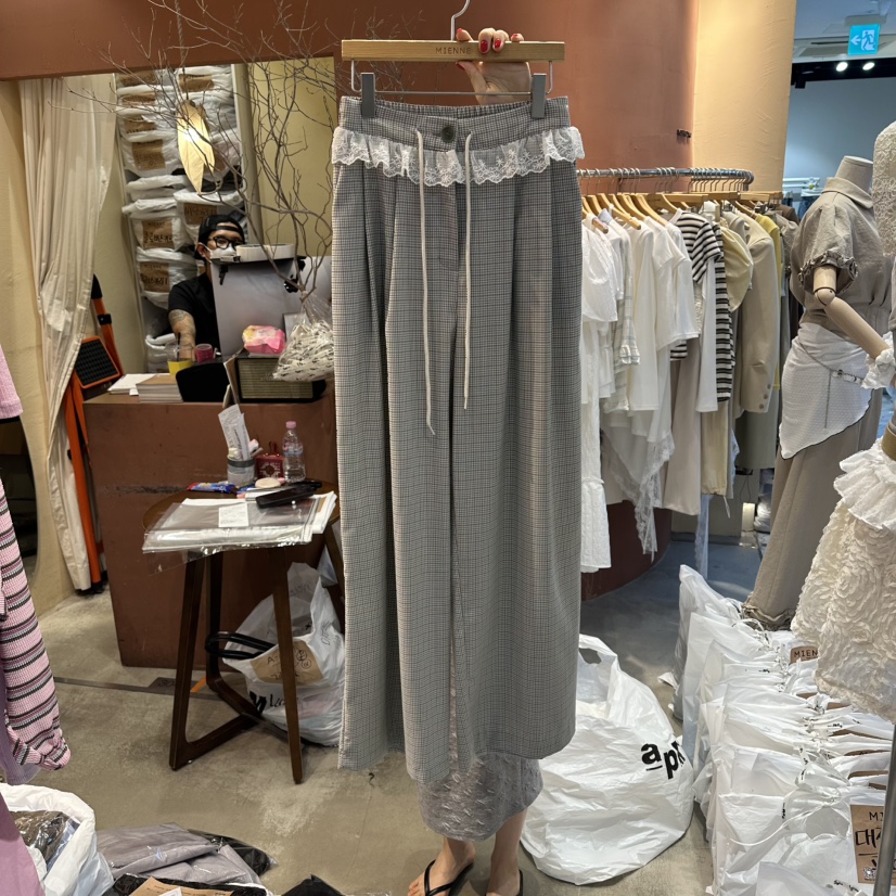 MIENNE韓國直郵女裝新品推薦26春夏時尚人氣休閑褲格紋蕾絲MIENNE休閑褲圖色1