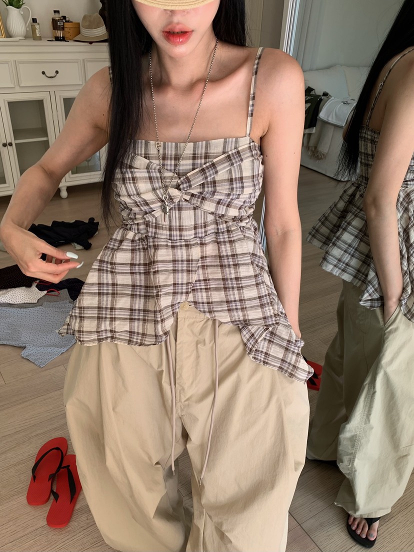 BADCALM韓國代購女士新品時尚人氣26夏季熱賣吊帶背心格子BADCALM吊帶/背心