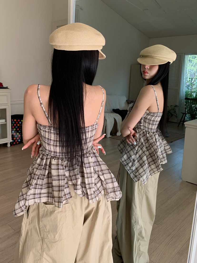 BADCALM韓國代購女士新品時尚人氣26夏季熱賣吊帶背心格子BADCALM吊帶/背心