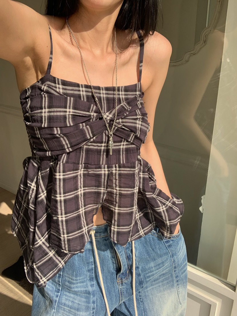 BADCALM韓國代購女士新品時尚人氣26夏季熱賣吊帶背心格子BADCALM吊帶/背心