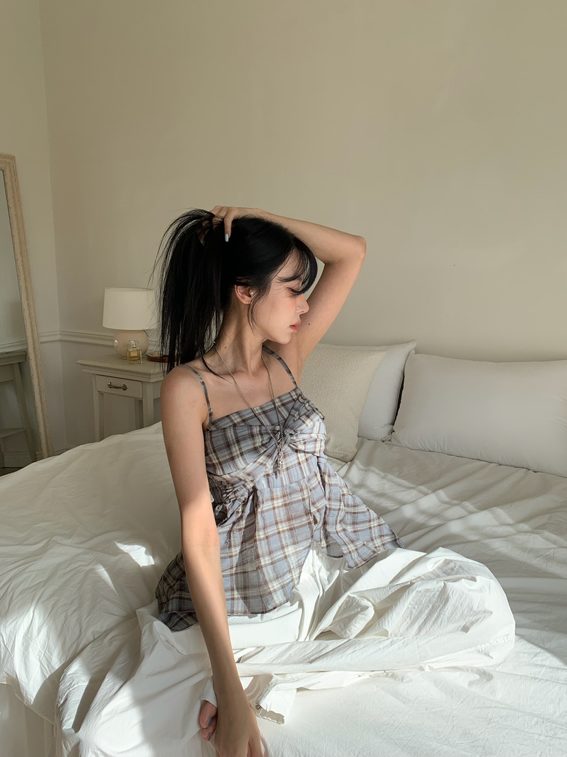 BADCALM韓國代購女士新品時尚人氣26夏季熱賣吊帶背心格子BADCALM吊帶/背心