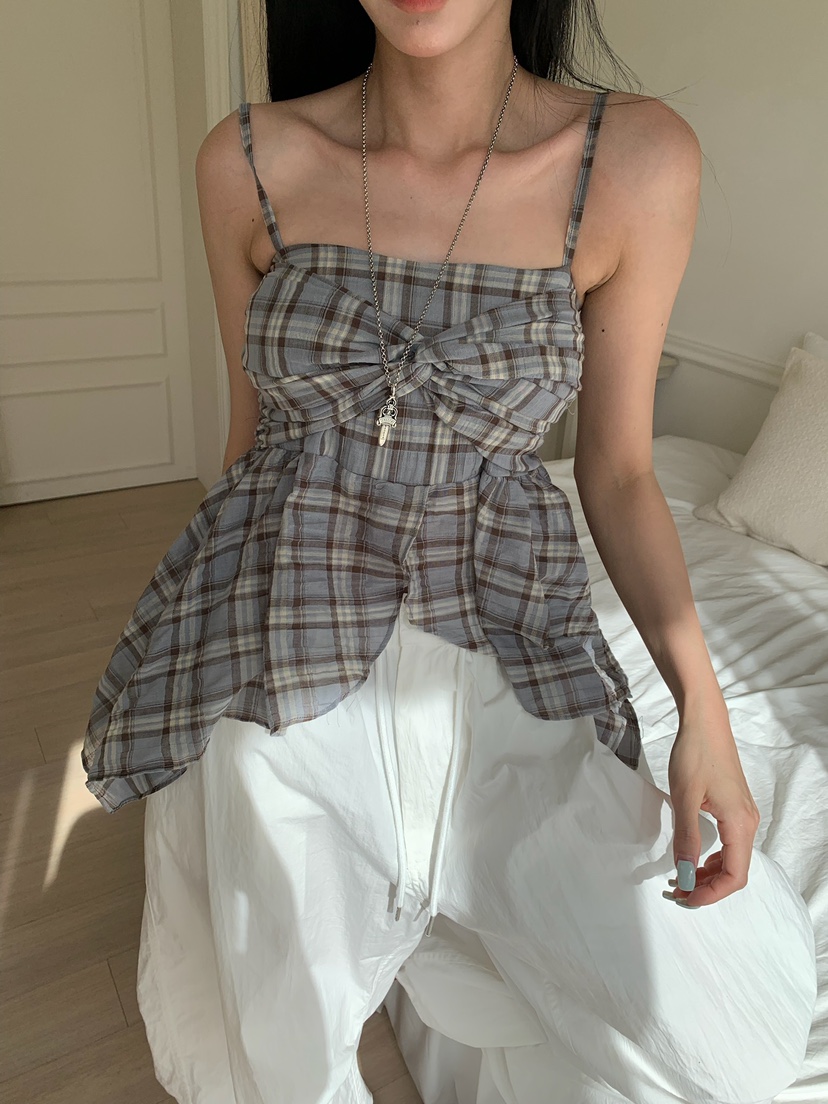 BADCALM韓國代購女士新品時尚人氣26夏季熱賣吊帶背心格子BADCALM吊帶/背心