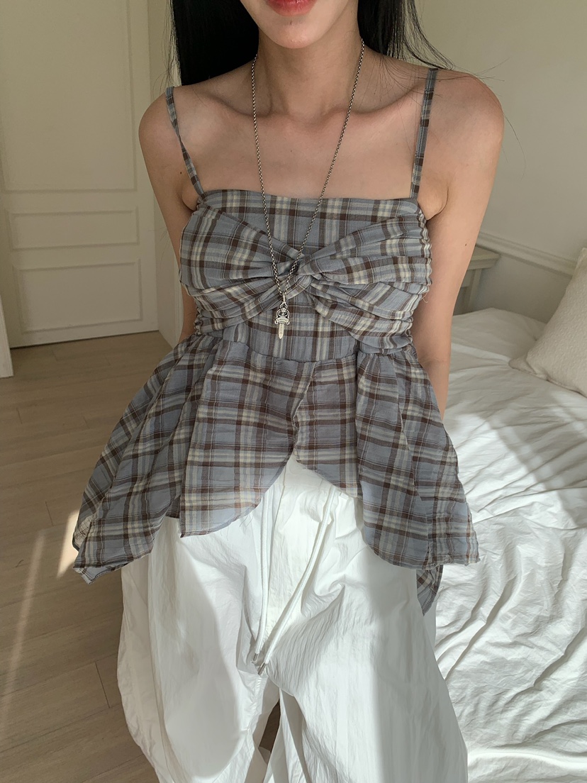 BADCALM韓國代購女士新品時尚人氣26夏季熱賣吊帶背心格子BADCALM吊帶/背心