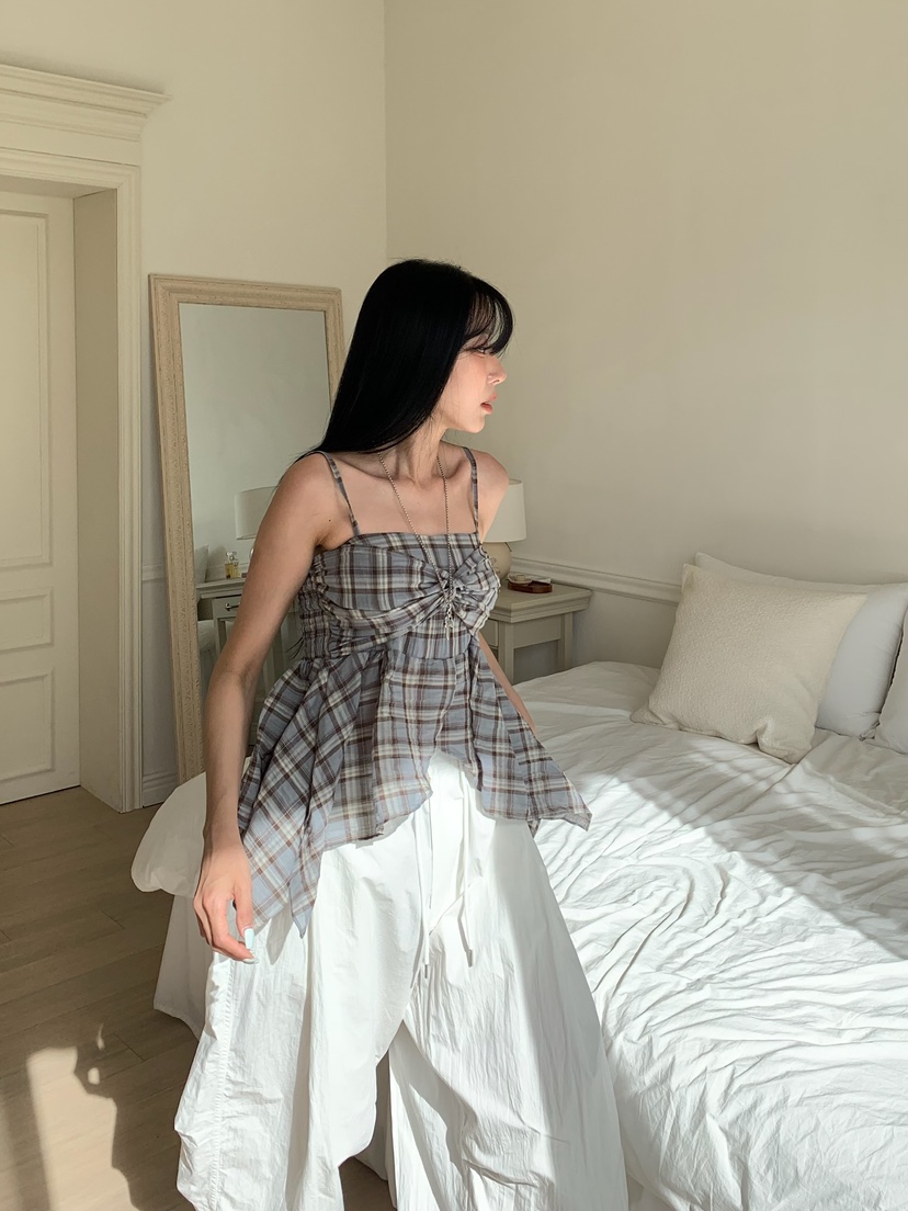 BADCALM韓國代購女士新品時尚人氣26夏季熱賣吊帶背心格子BADCALM吊帶/背心圖色2