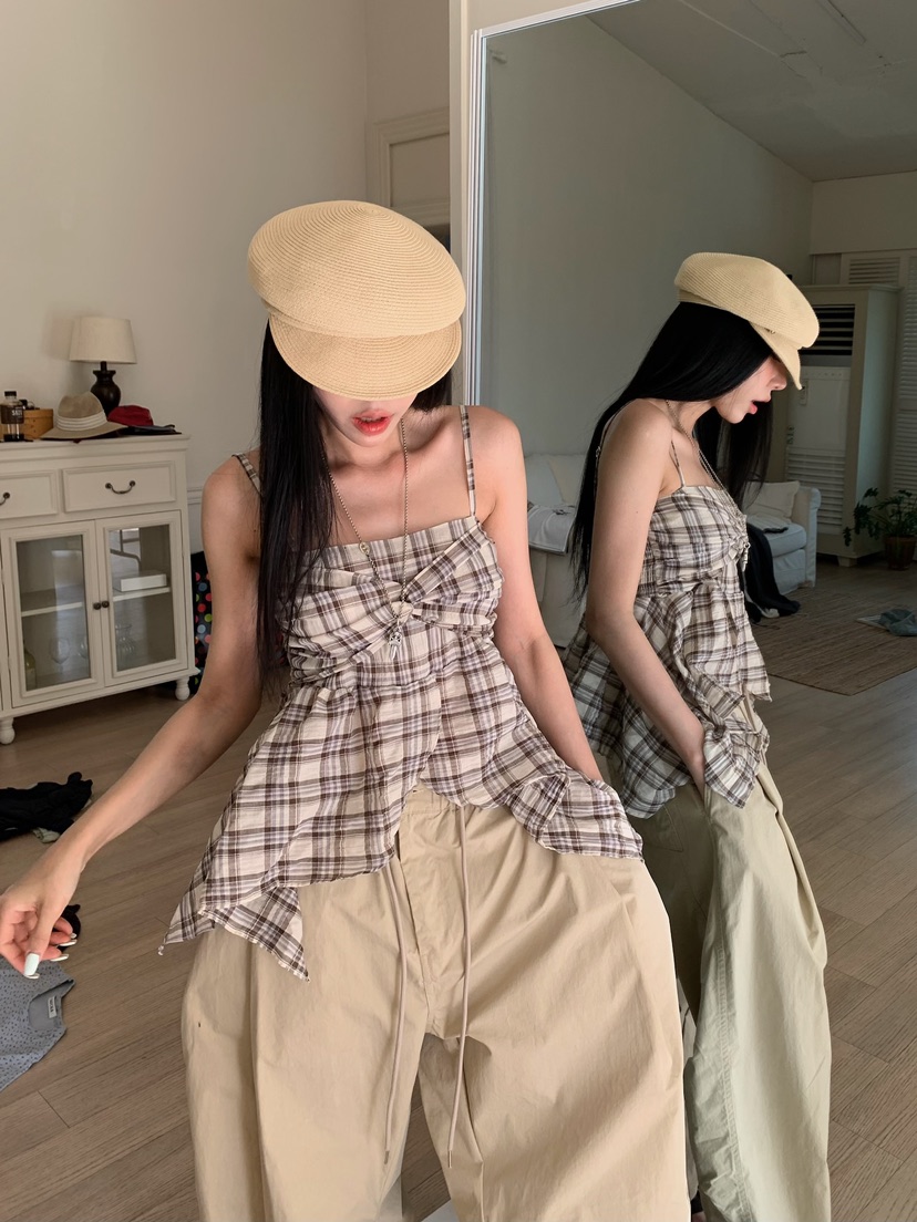BADCALM韓國代購女士新品時尚人氣26夏季熱賣吊帶背心格子BADCALM吊帶/背心圖色3