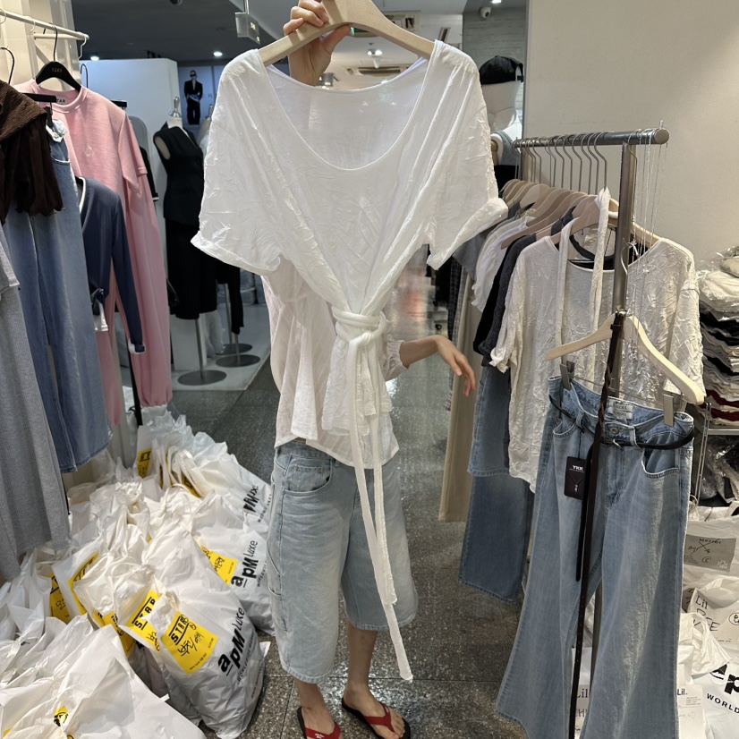 LIL韓國東大門直郵女士新品熱賣26夏季推薦職業T恤含圍巾LILT恤圖色2